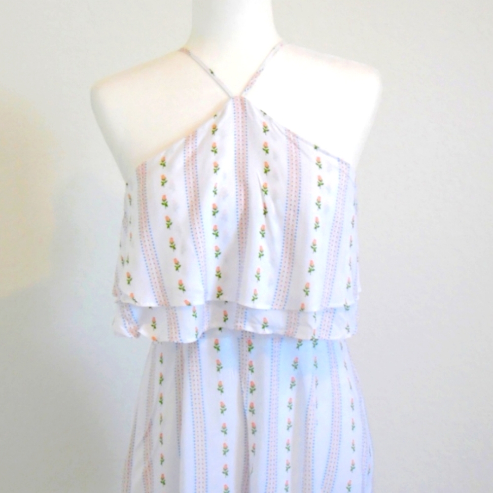Vtg White Ruffled Romper W/Pink Roses & Blue Dots On Orange Verticle Stripes (M)